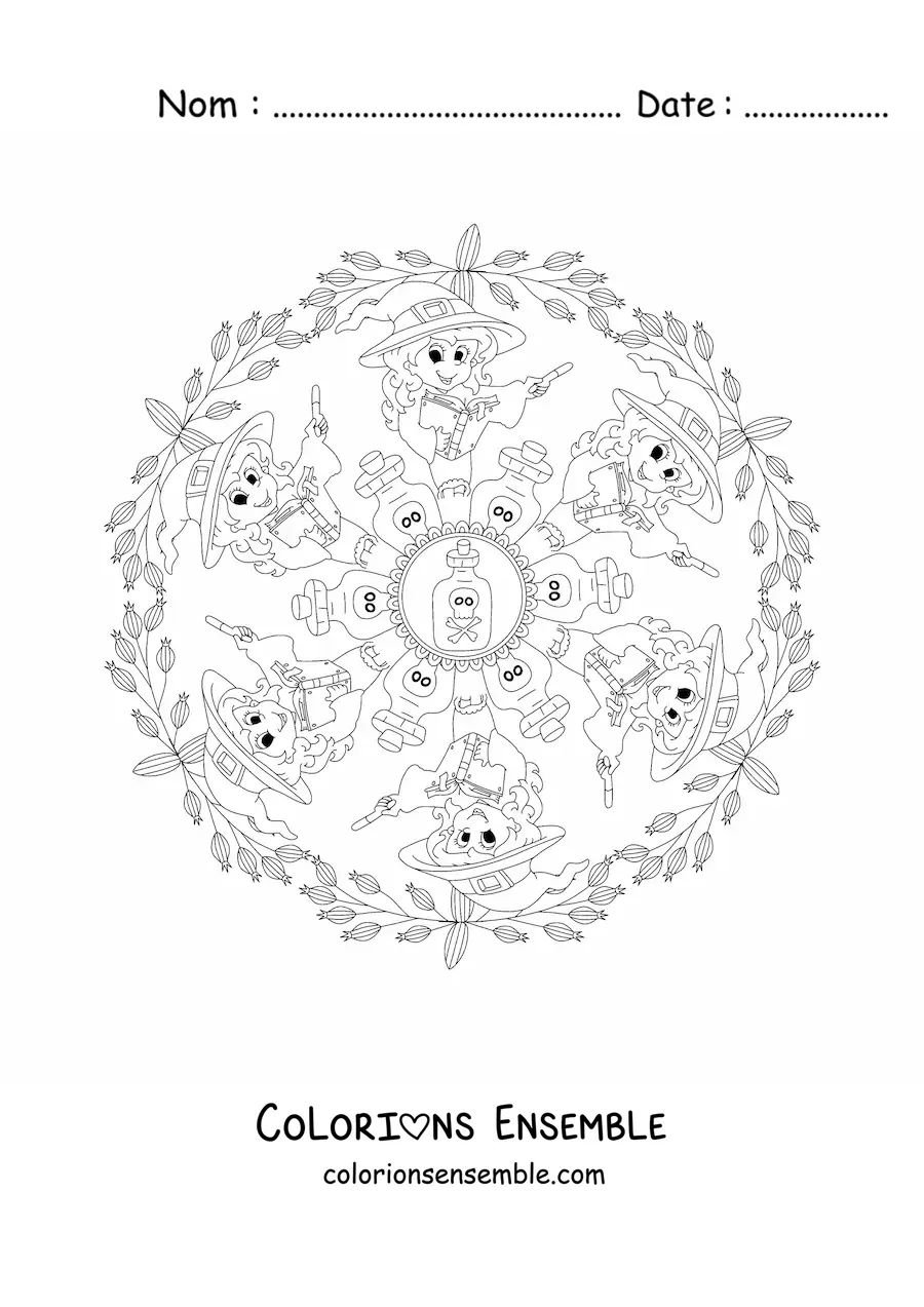 Coloriage d’un mandala d’Halloween avec une sorcière et des potions