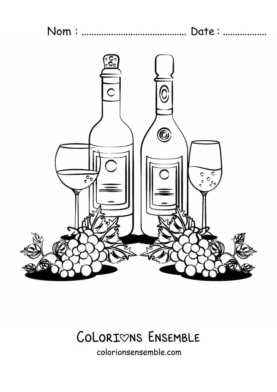 Image à colorier de raisins à côté de deux bouteilles et de deux verres de vin