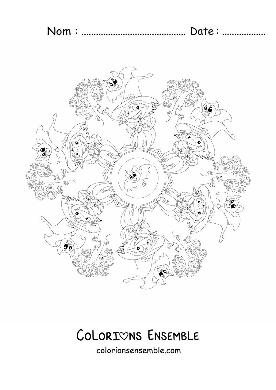 Coloriage d’un mandala d’Halloween avec une sorcière et des chauves-souris