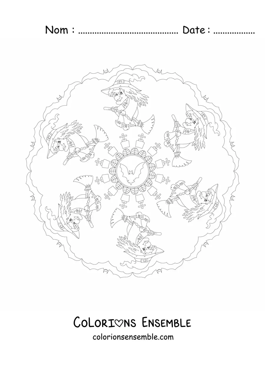 Coloriage d’un mandala d’Halloween avec une sorcière et des chauves-souris
