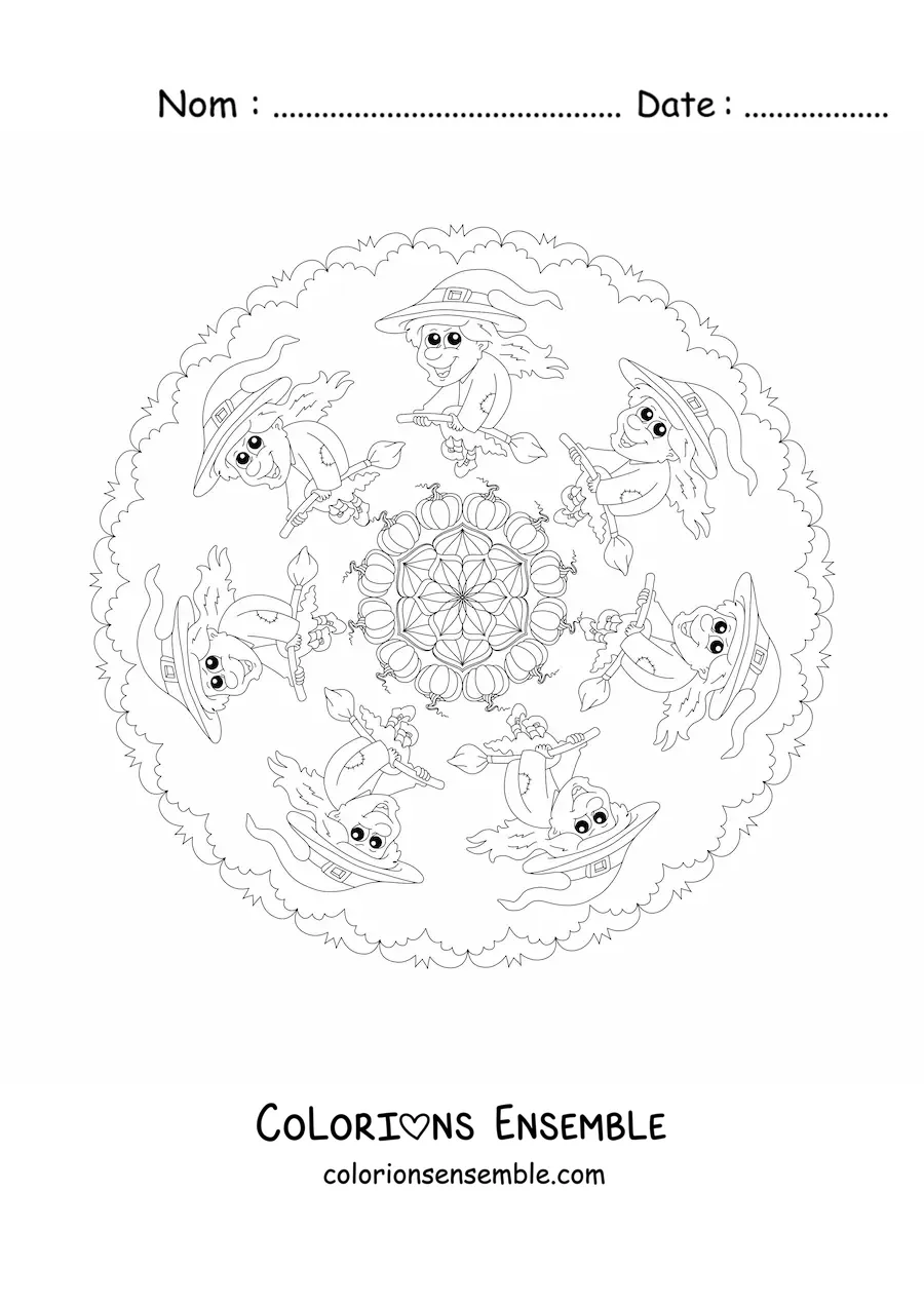 Coloriage d’un mandala d’Halloween avec une sorcière et des chauves-souris