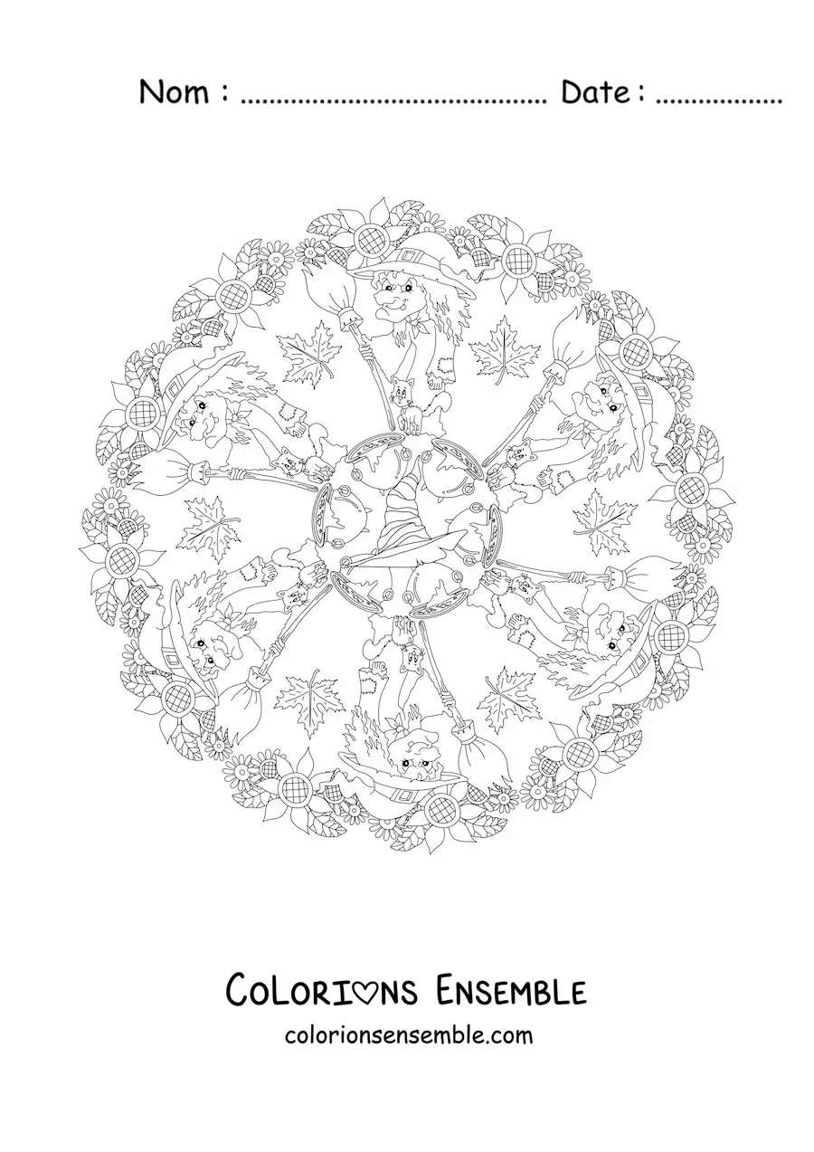 Coloriage d’un mandala d’Halloween avec une sorcière et un chapeau