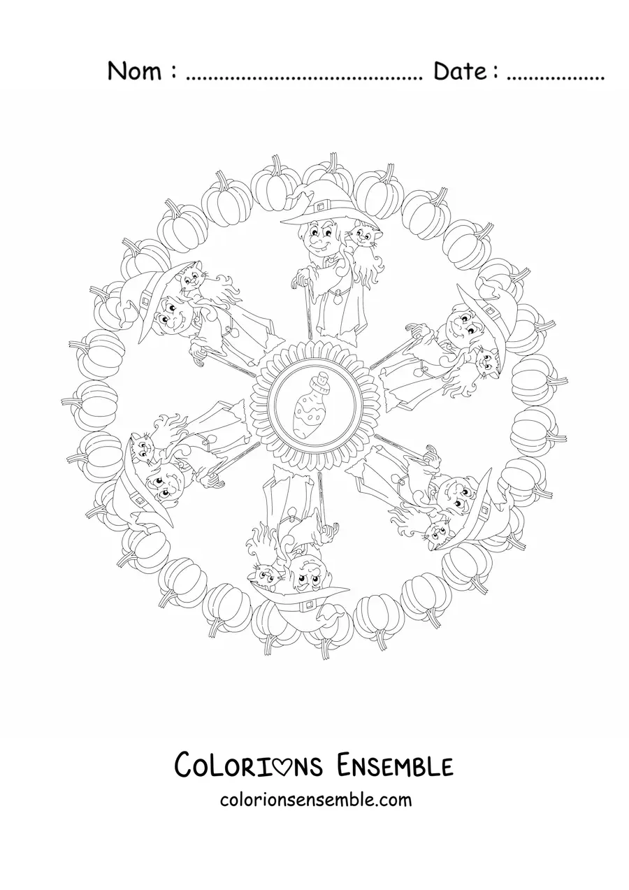 Coloriage d’un mandala d’Halloween avec une sorcière et un chat