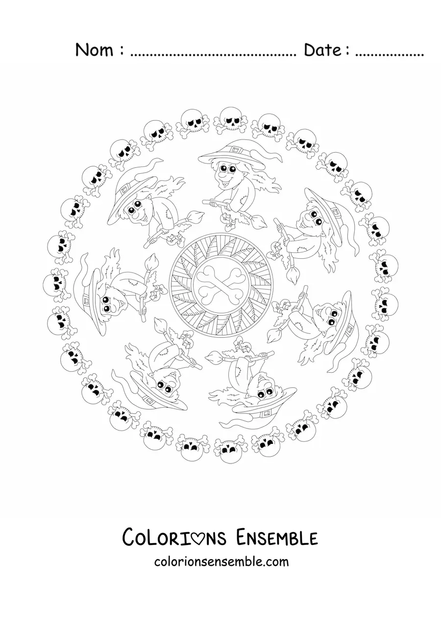 Coloriage d’un mandala d’Halloween avec une sorcière et des crânes