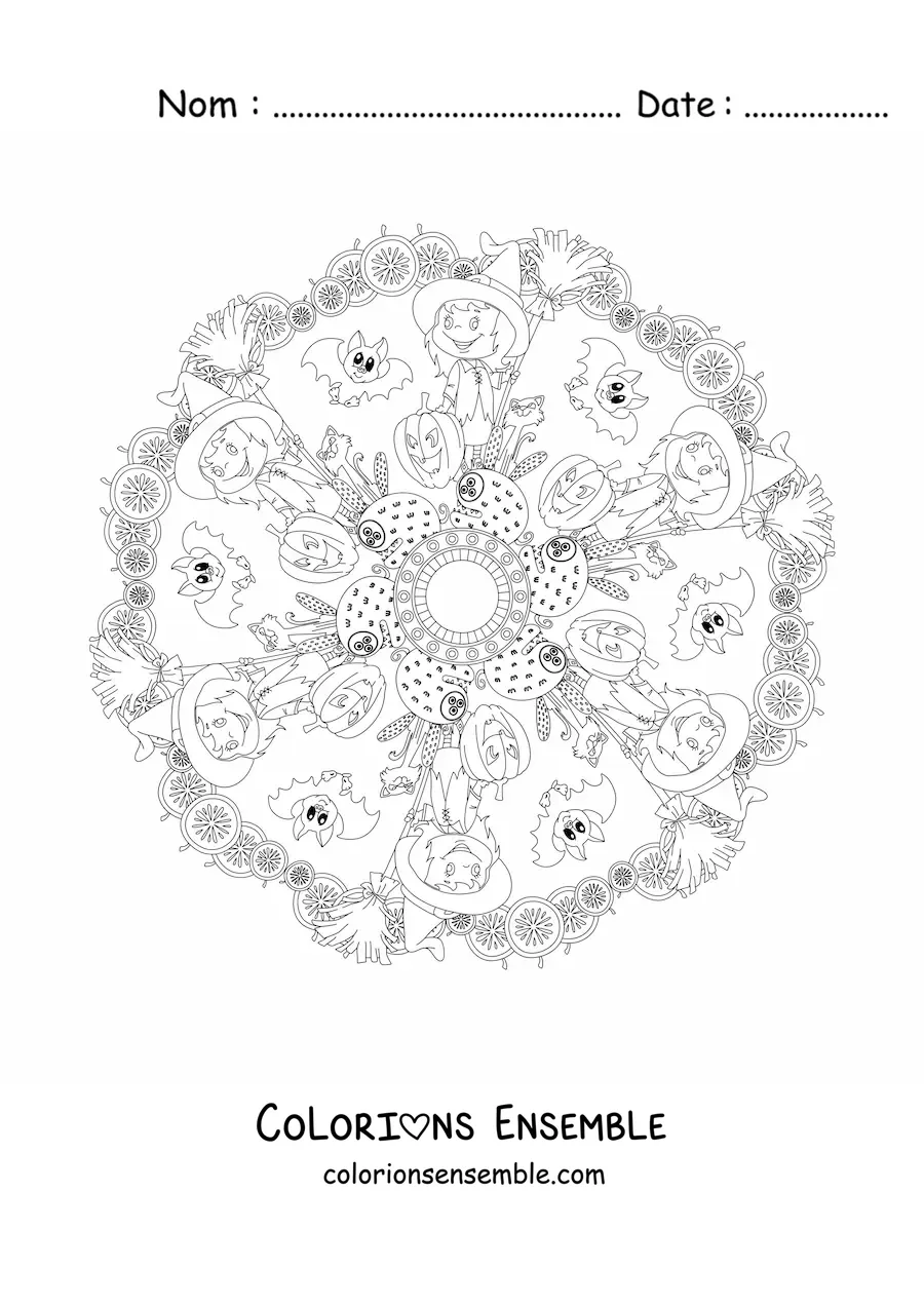 Coloriage d’un mandala d’Halloween avec une sorcière et une citrouille
