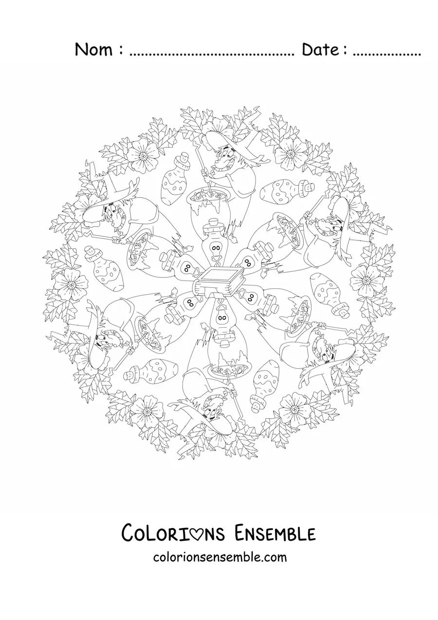 Coloriage d’un mandala d’Halloween avec une sorcière et un chaudron