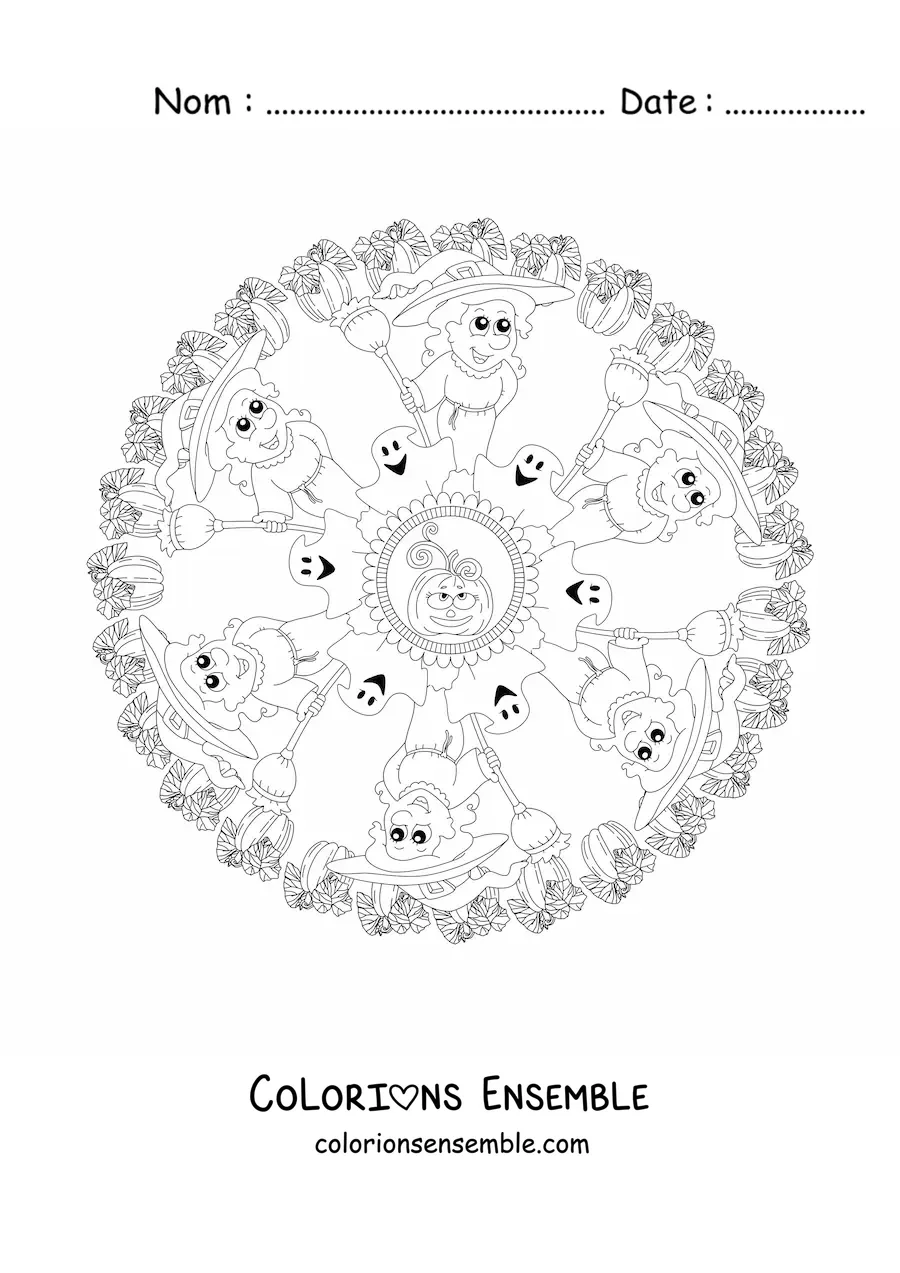 Coloriage d’un mandala d’Halloween avec une sorcière et des fantômes