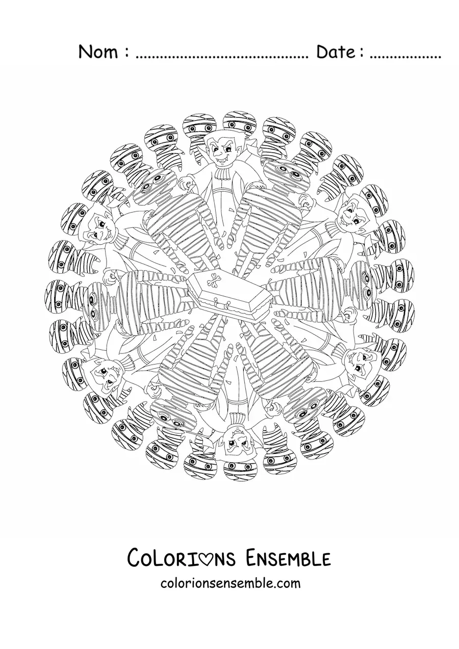 Coloriage d’un mandala d’Halloween avec un vampire et une momie