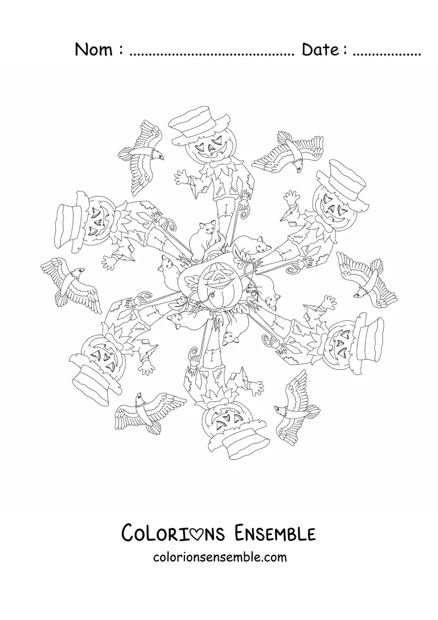 Coloriage d’un mandala d’Halloween avec un épouvantail