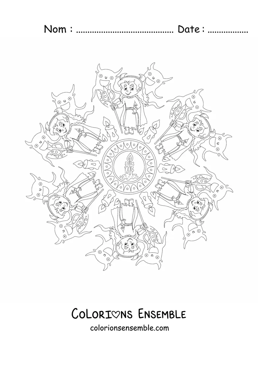Coloriage d’un mandala d’Halloween avec une fille déguisée