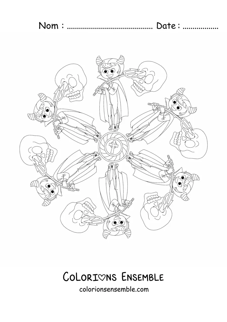Coloriage d’un mandala d’Halloween avec un garçon déguisé