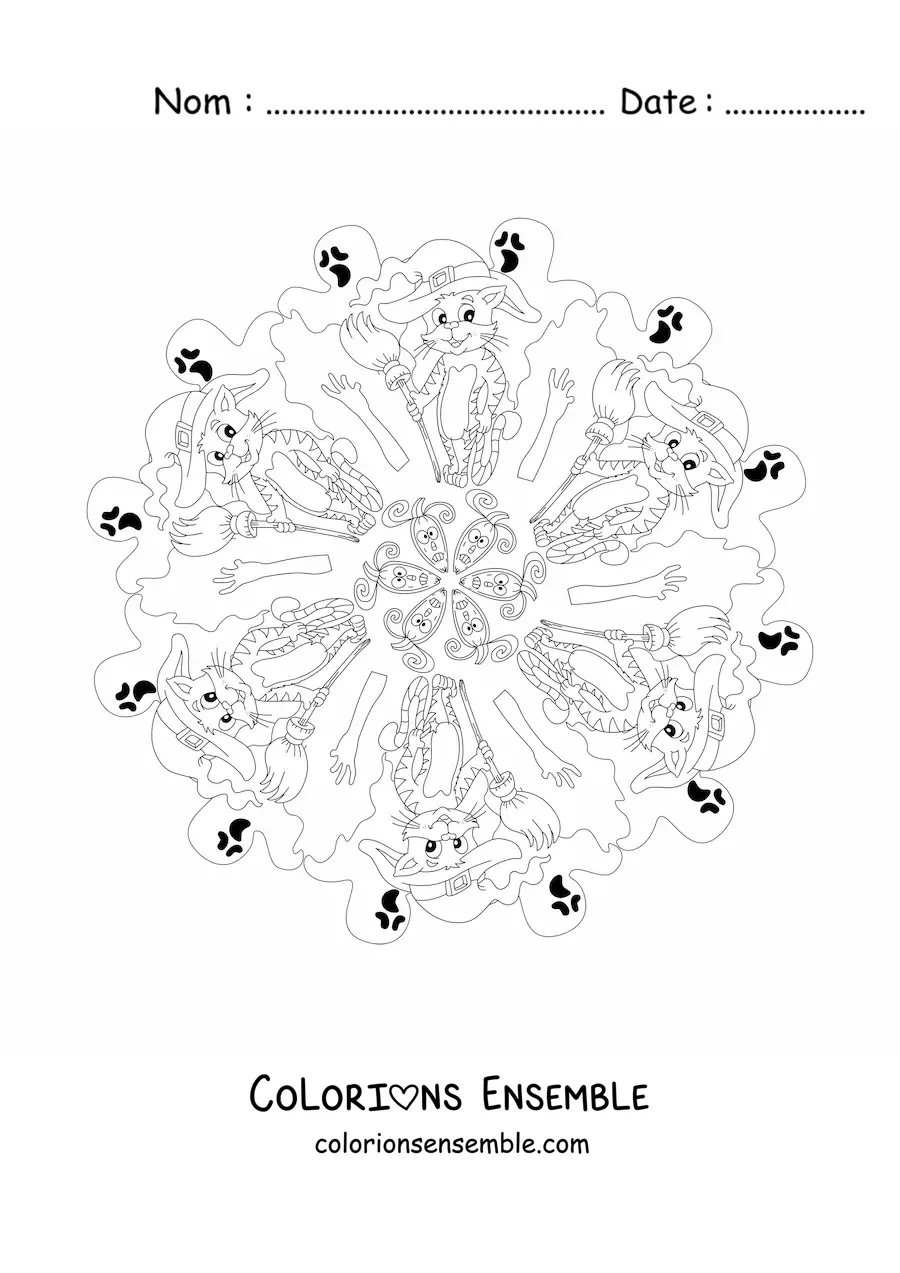 Coloriage d’un mandala d’Halloween avec un chat et des fantômes
