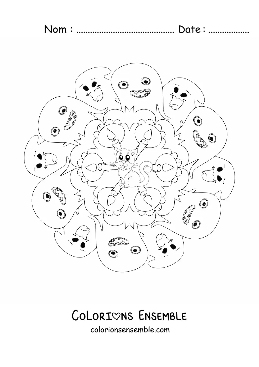 Coloriage d’un mandala d’Halloween avec un chat et des fantômes