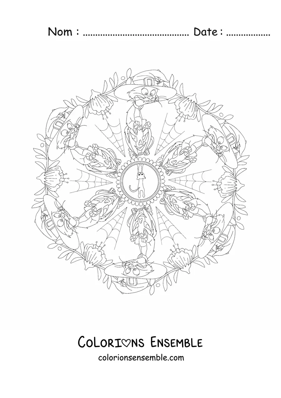 Coloriage d’un mandala d’Halloween avec un chat et des toiles d’araignée