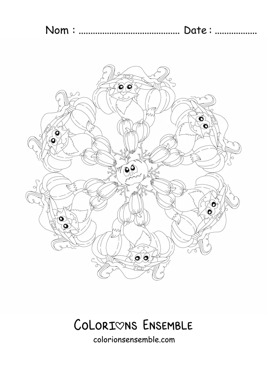 Coloriage d’un mandala d’Halloween avec un chat et des citrouilles