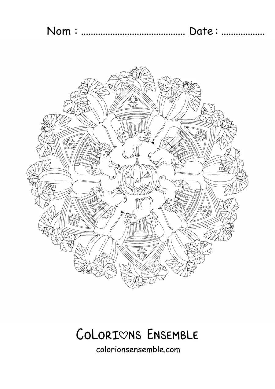 Coloriage d’un mandala d’Halloween avec une maison hantée et des citrouilles