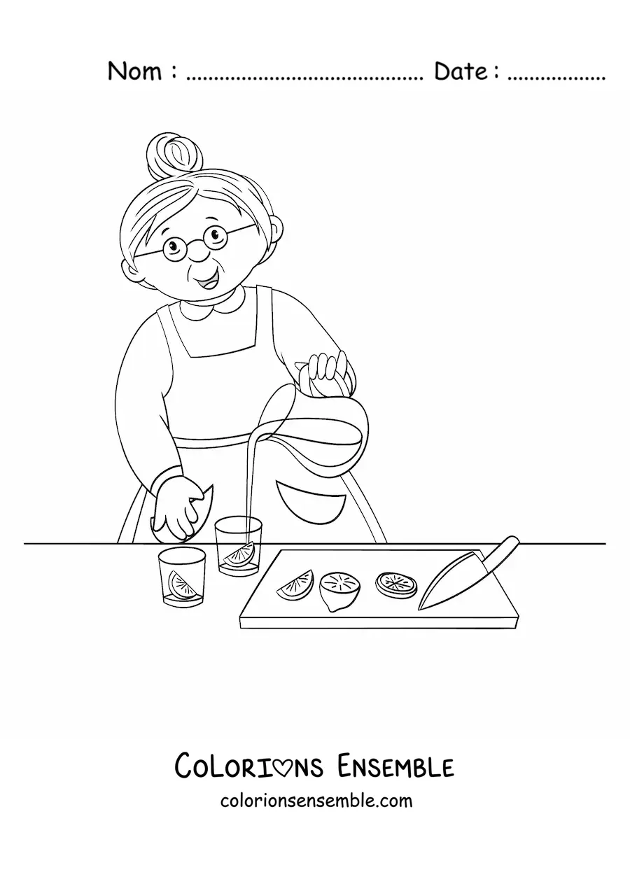 Image à colorier d’une grand-mère qui prépare de la limonade
