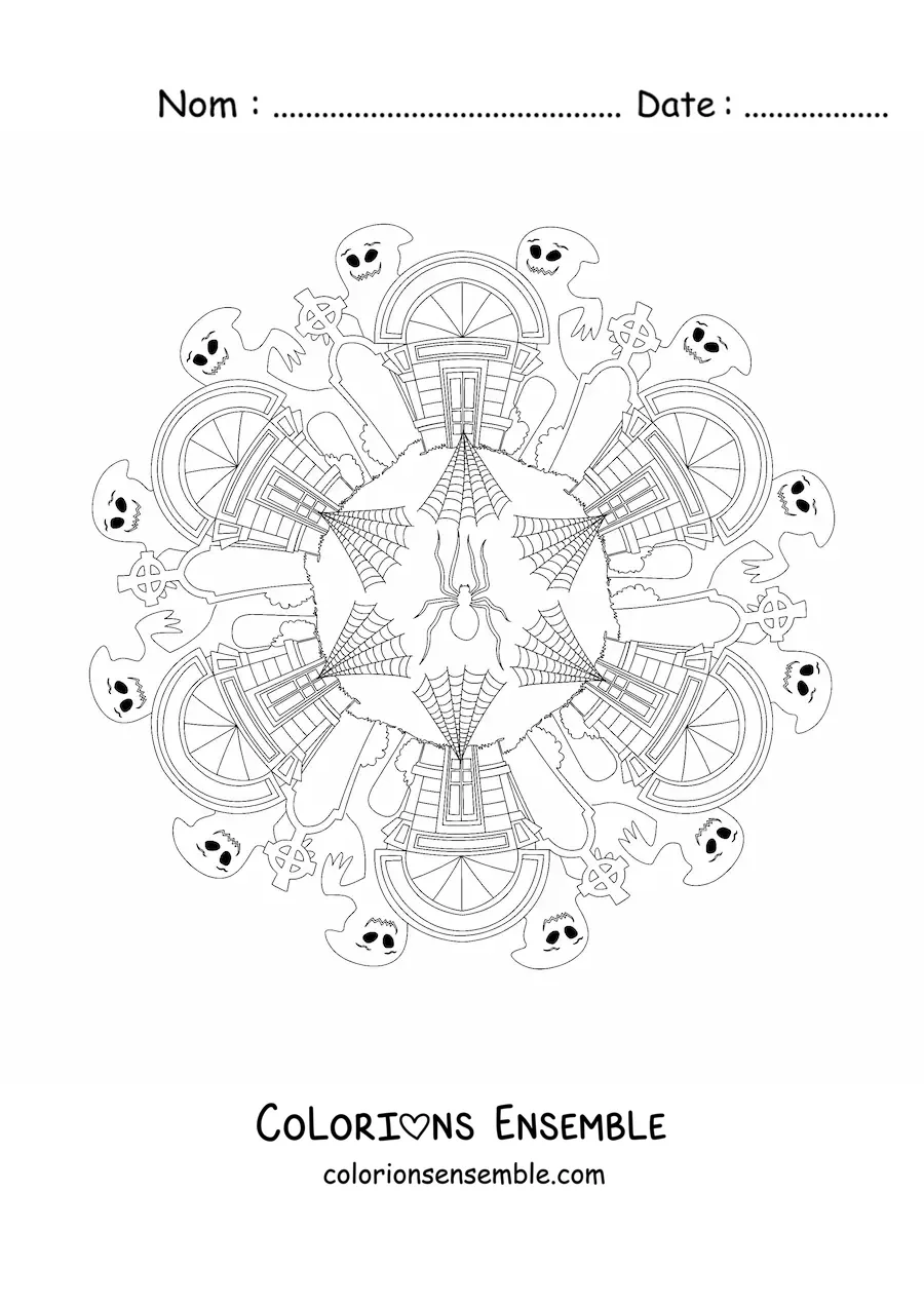 Coloriage d’un mandala d’Halloween avec une maison hantée et des fantômes