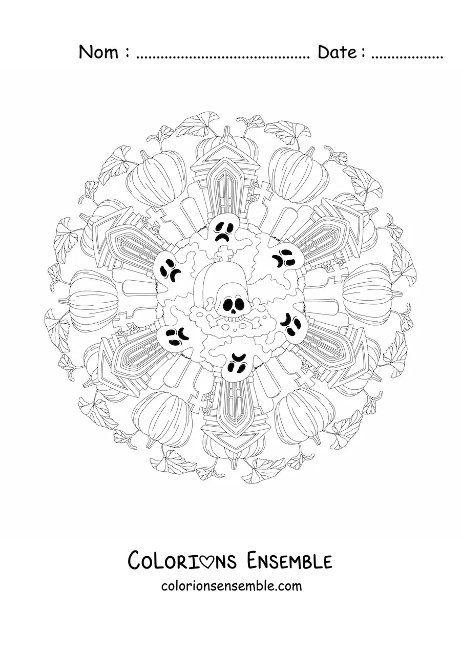 Coloriage d’un mandala d’Halloween avec une maison hantée et un crâne