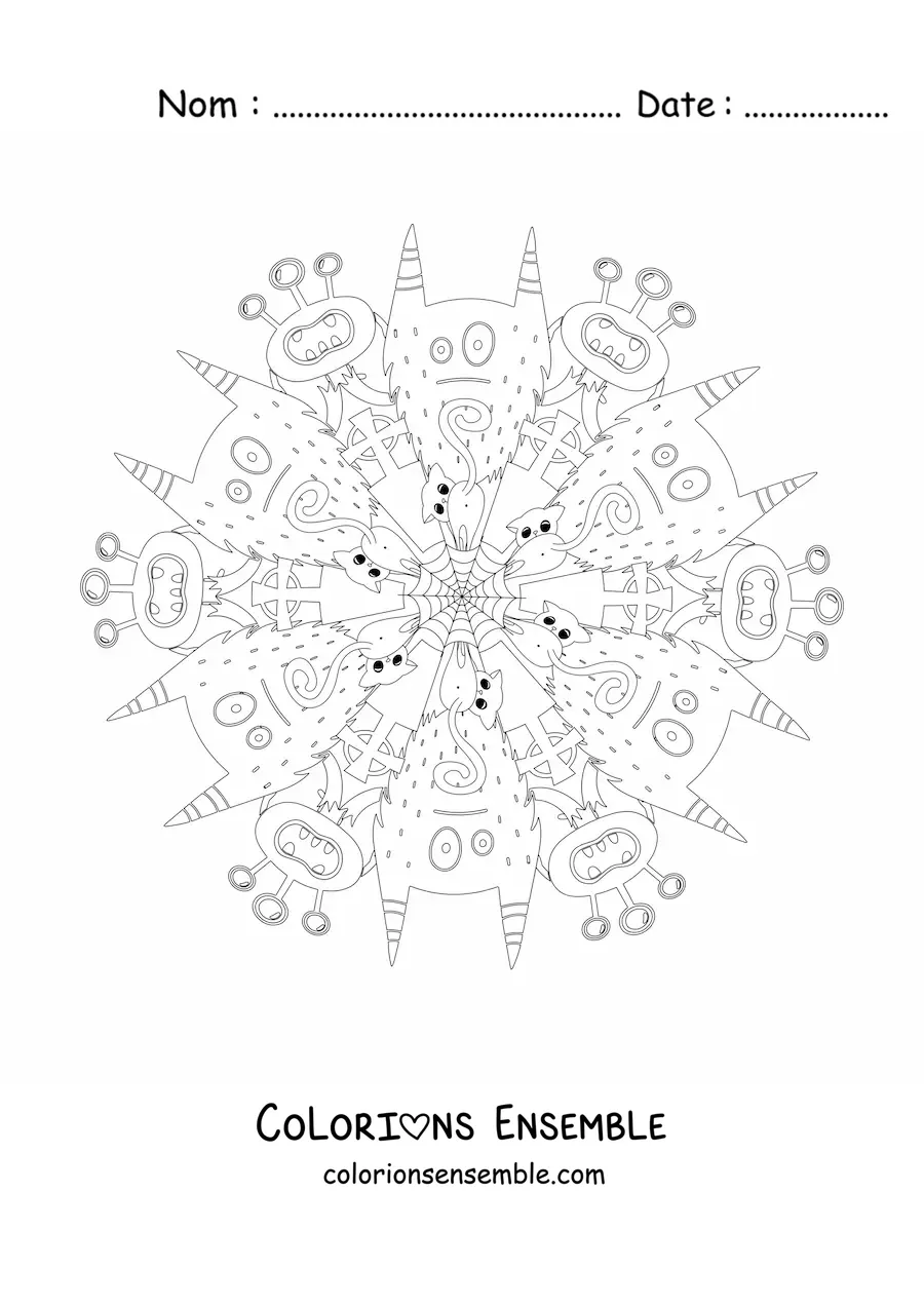 Coloriage d’un mandala d’Halloween avec des monstres