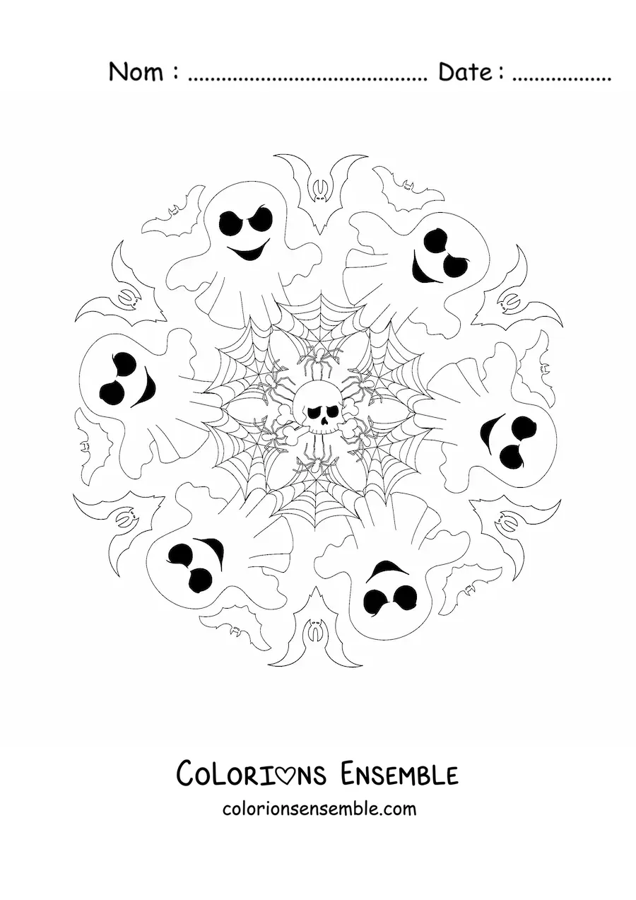 Coloriage d’un mandala d’Halloween avec des chauves-souris et des fantômes
