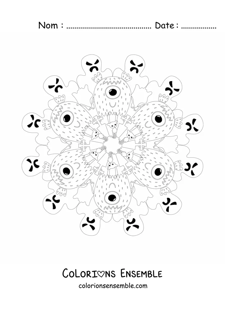 Coloriage d’un mandala d’Halloween avec des monstres et des fantômes