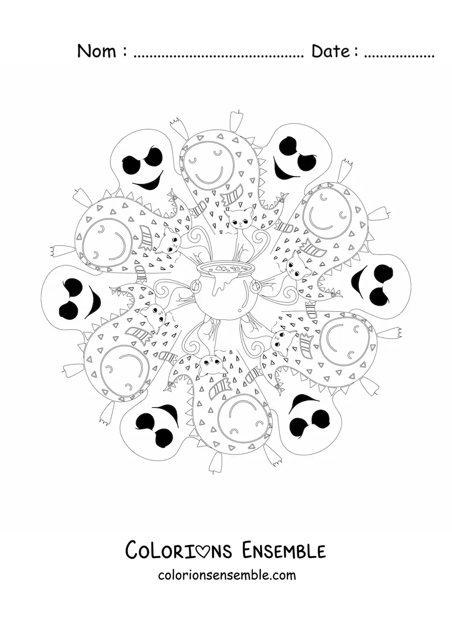 Coloriage d’un mandala d’Halloween avec des monstres et des fantômes
