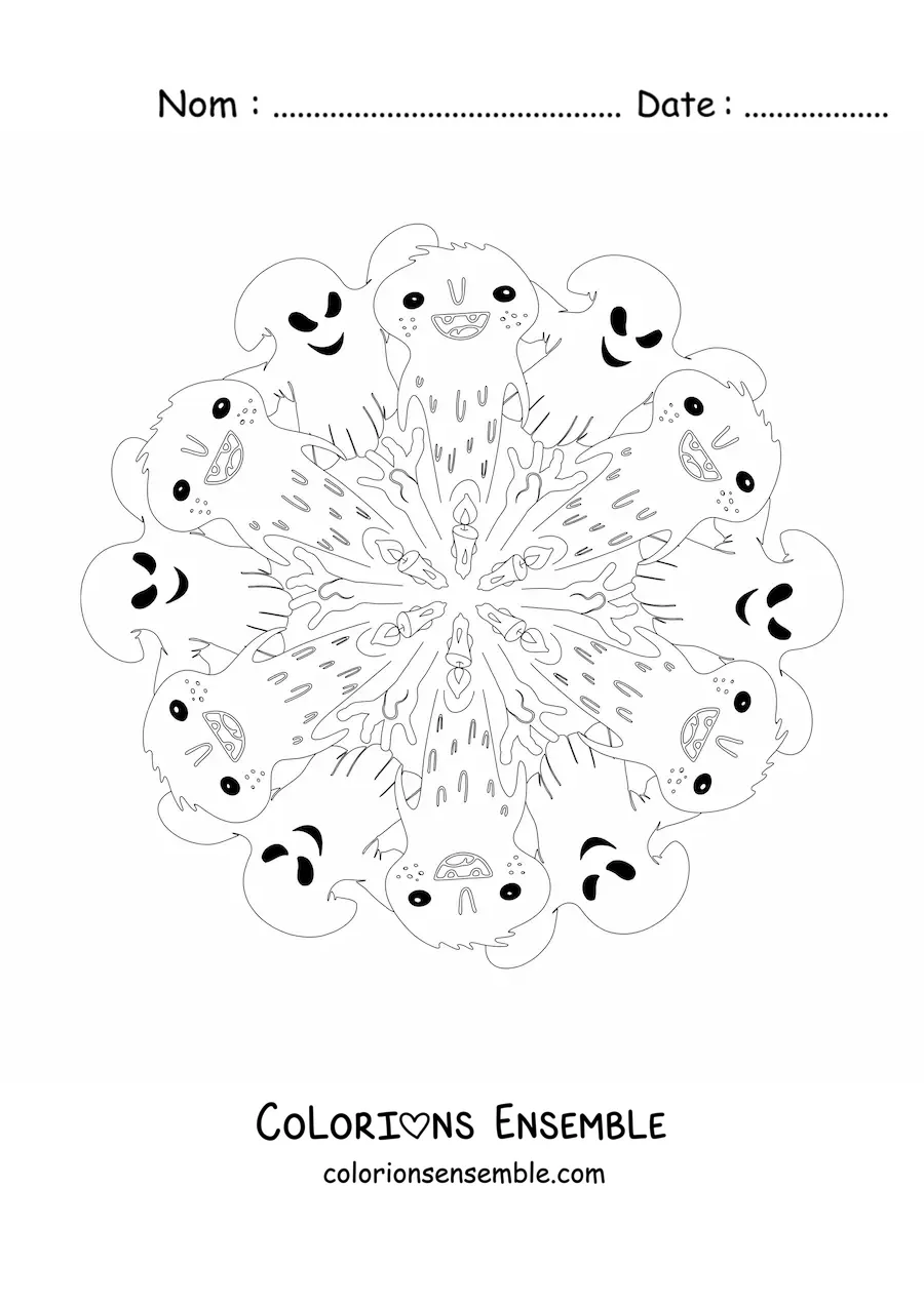Coloriage d’un mandala d’Halloween avec des monstres et des fantômes