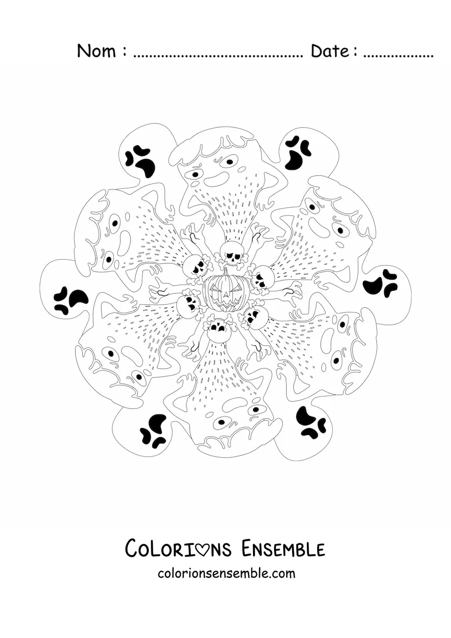 Coloriage d’un mandala d’Halloween avec des monstres et des fantômes
