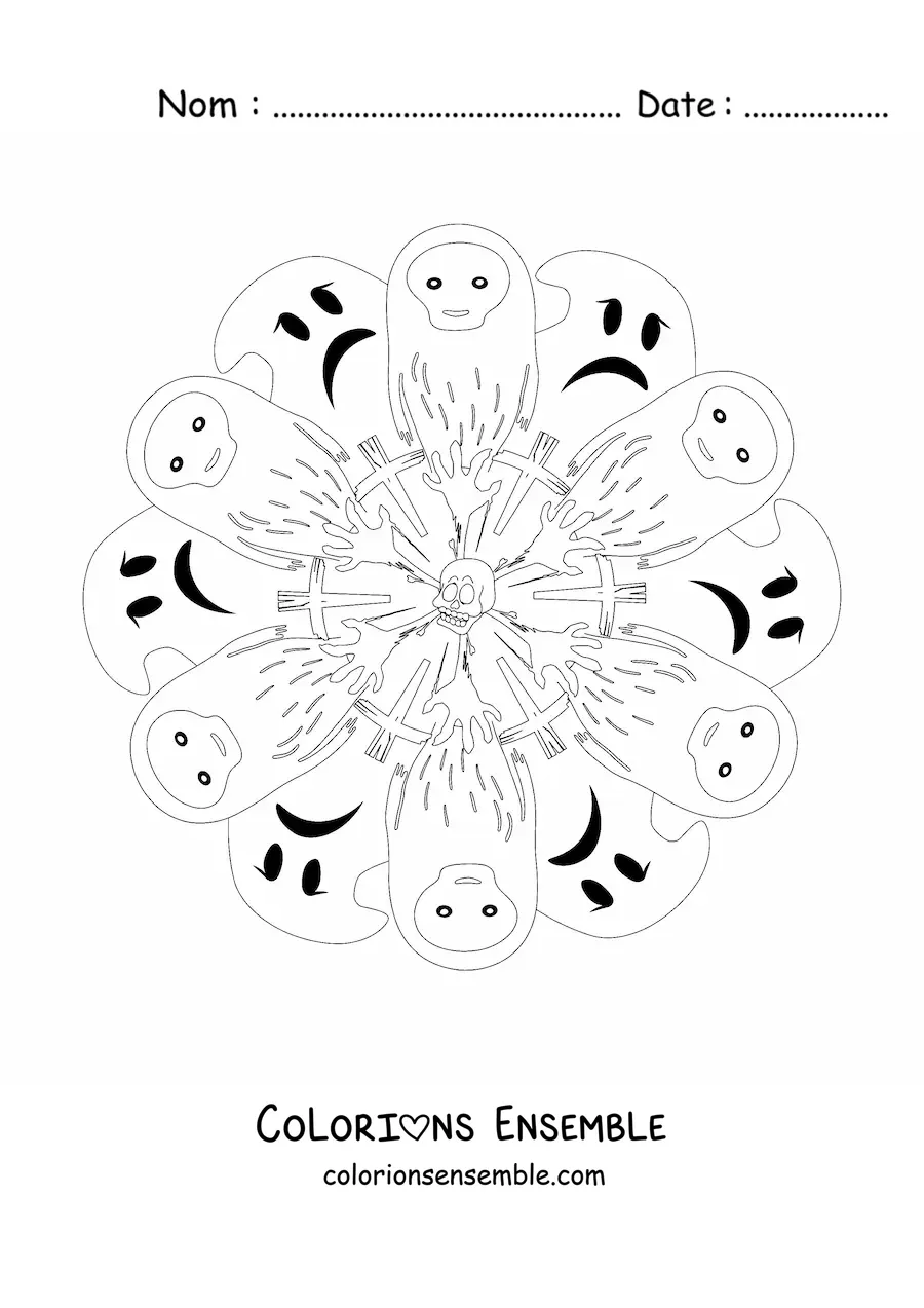 Coloriage d’un mandala d’Halloween avec des fantômes