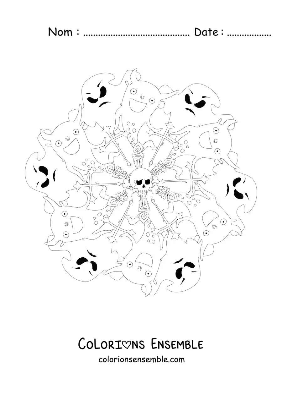 Coloriage d’un mandala d’Halloween avec des fantômes