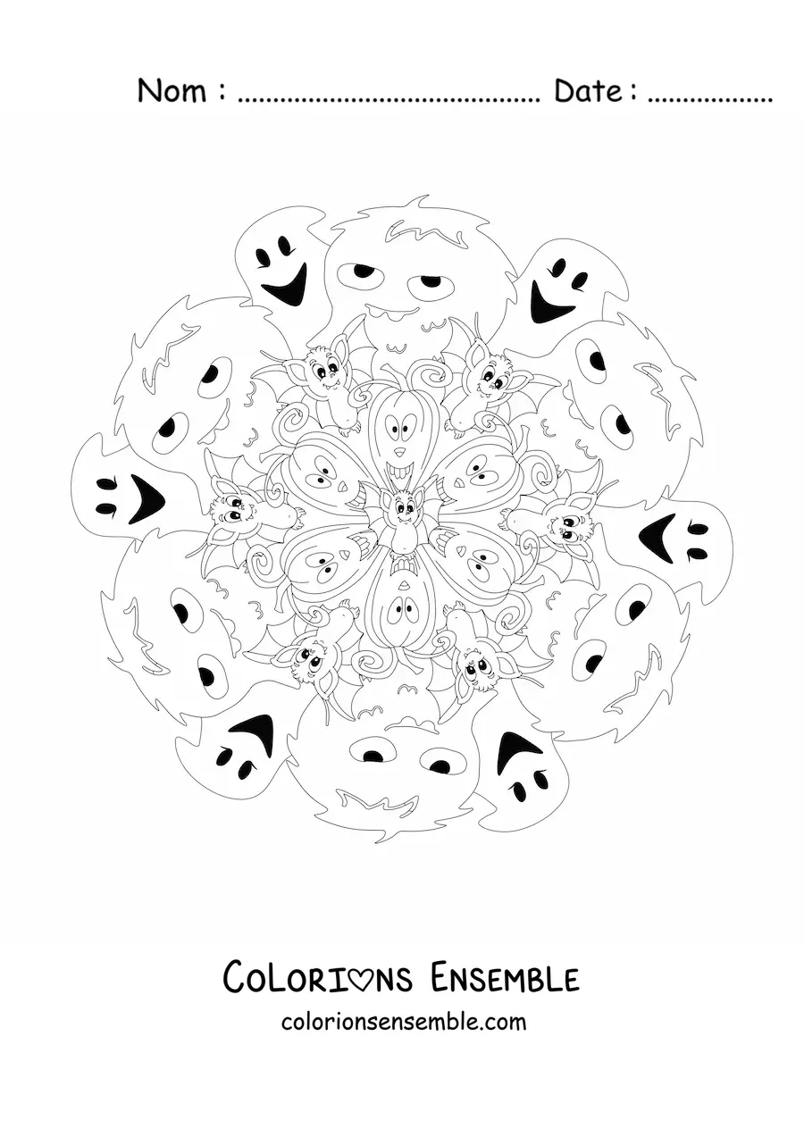 Coloriage d’un mandala d’Halloween avec des fantômes