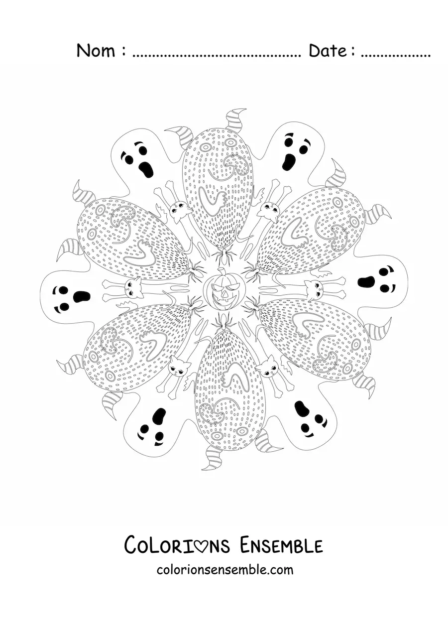 Coloriage d’un mandala d’Halloween avec des fantômes