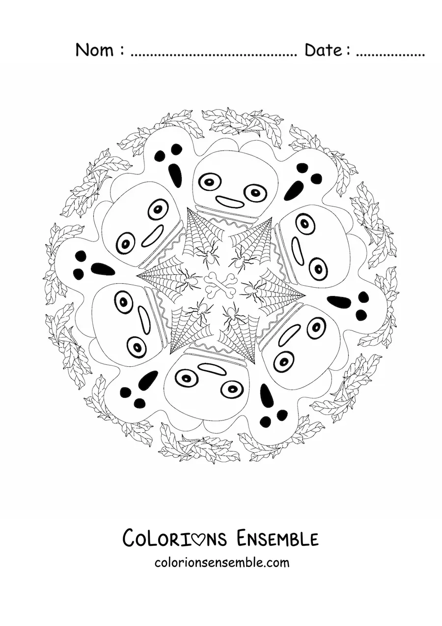Coloriage d’un mandala d’Halloween avec des fantômes