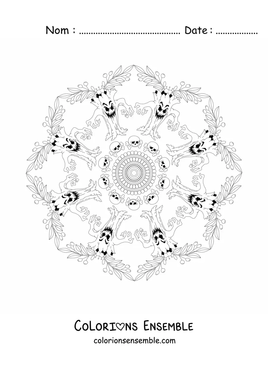 Coloriage d’un mandala d’Halloween avec un arbre hanté