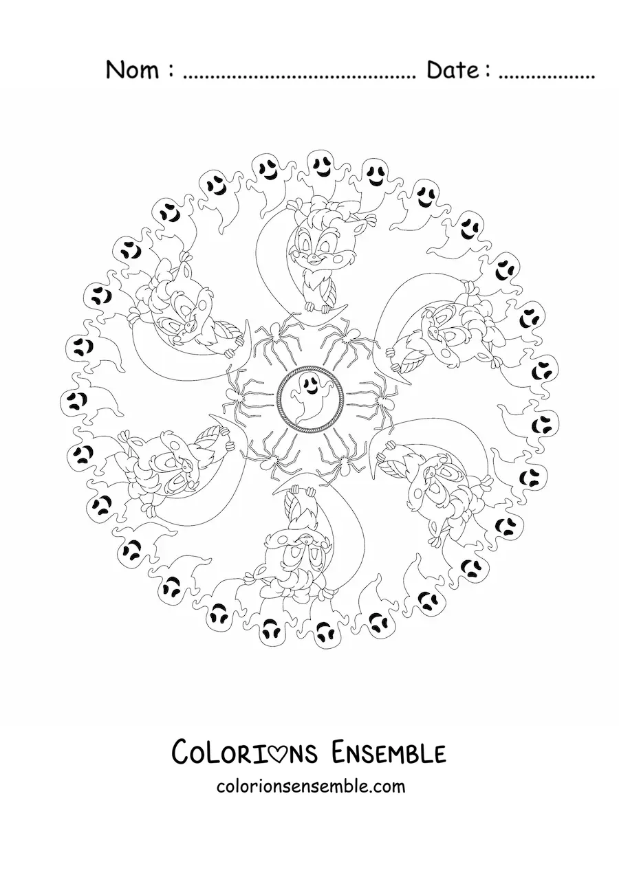Coloriage d’un mandala d’Halloween avec un chat et des hiboux