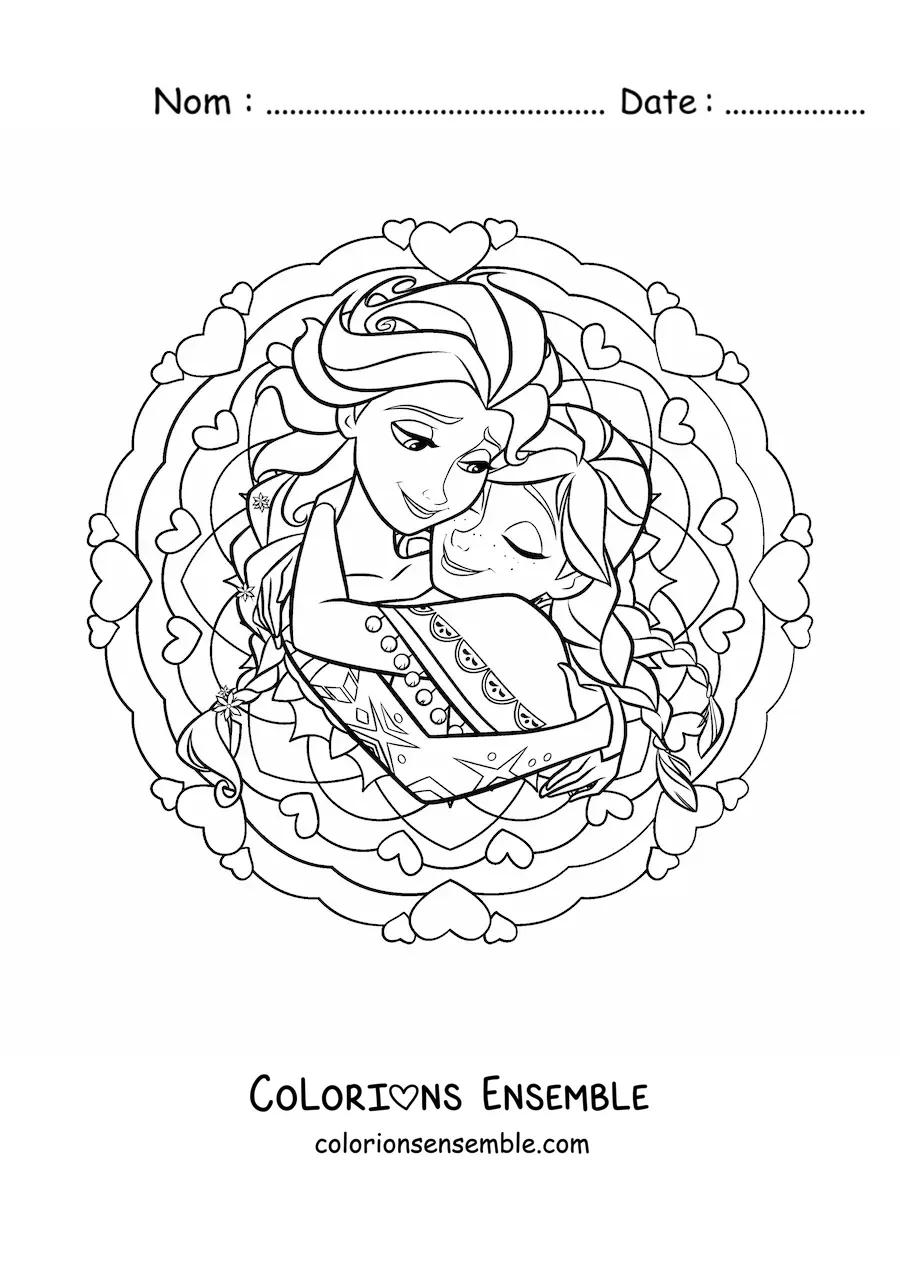 Coloriage d’un mandala des princesses Anna et Elsa de Disney