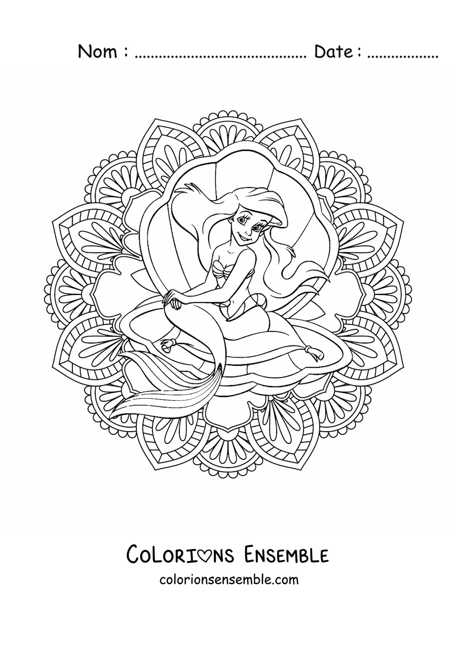 Image à colorier d'un mandala de la Petite Sirène de Disney