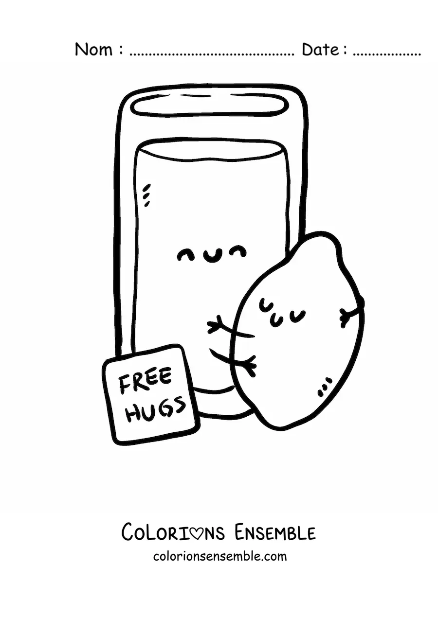 Image à colorier d’un verre de limonade rigolo qui serre un citron kawaii dans ses bras