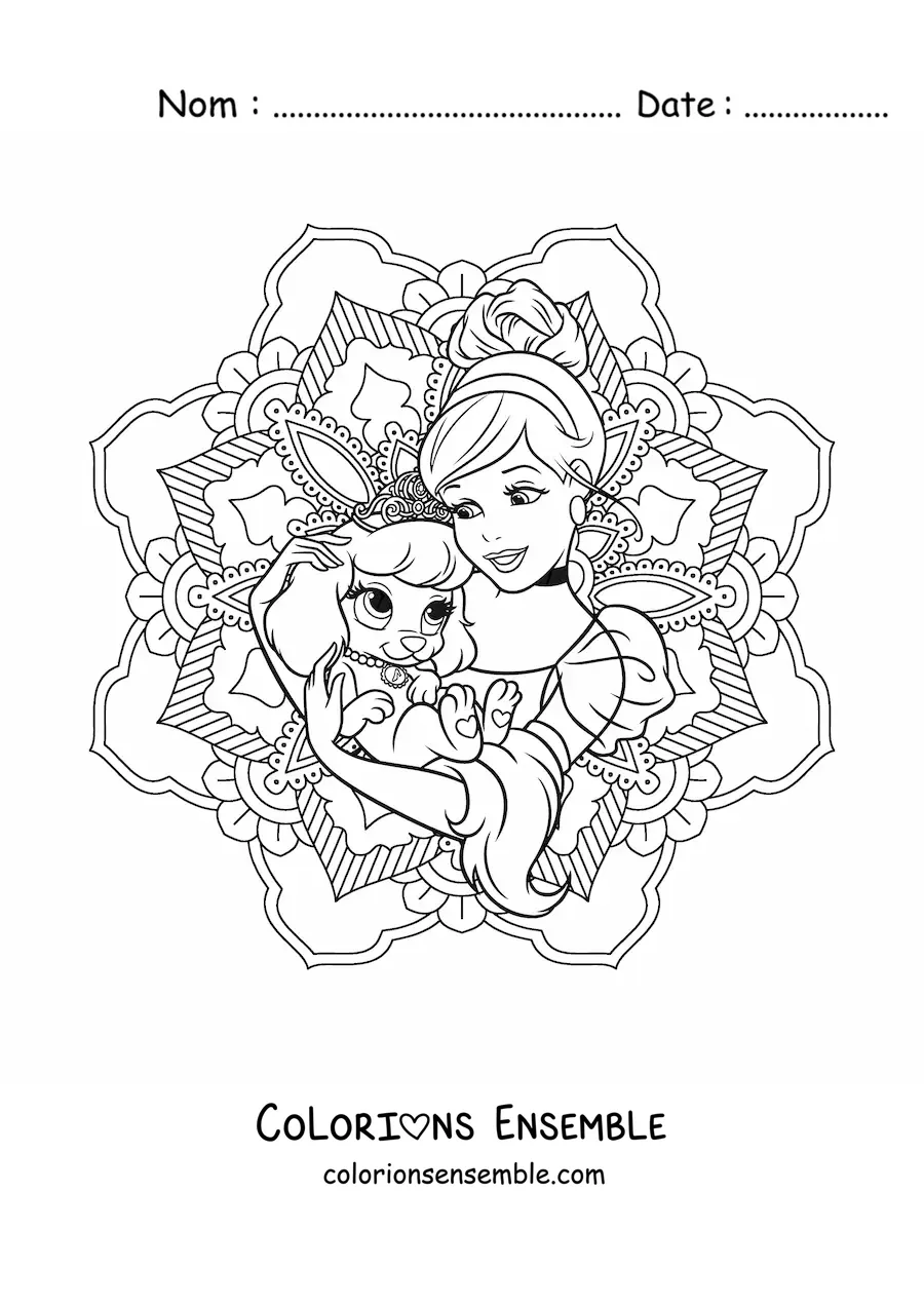 Image à colorier d'un mandala de la princesse Cendrillon de Disney