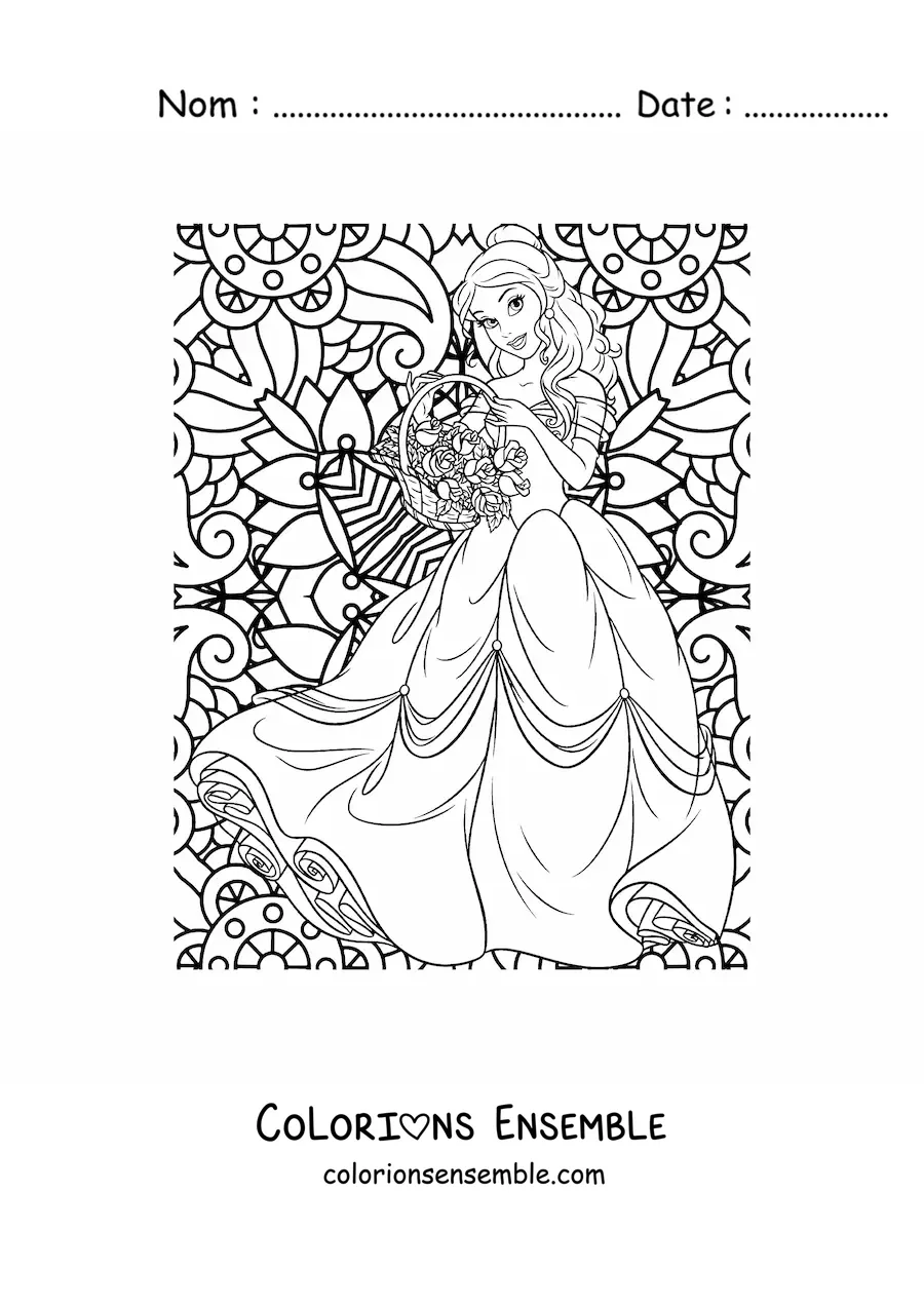 Image à colorier d'un mandala de la princesse Belle de Disney