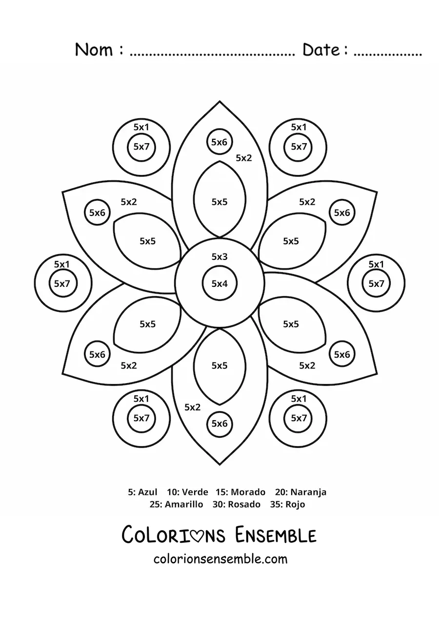 Image à colorier d'un mandala de la multiplication par 5