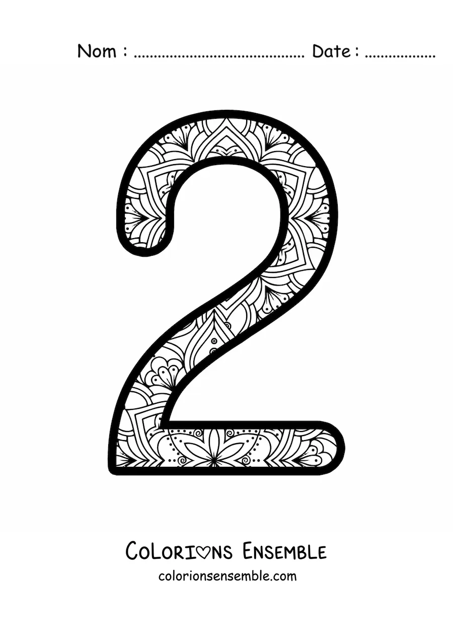 Image à colorier d'un mandala du chiffre 2