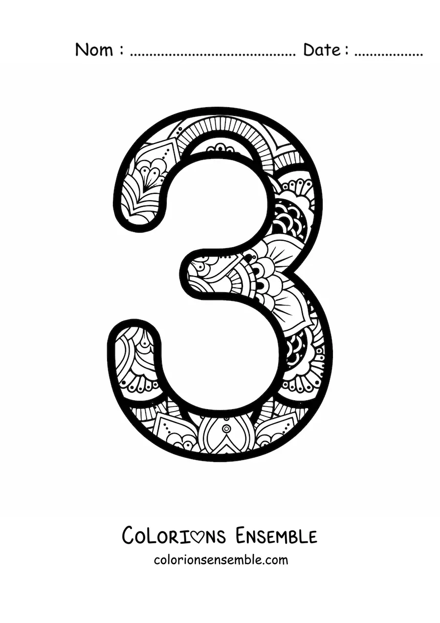 Image à colorier d'un mandala du chiffre 3