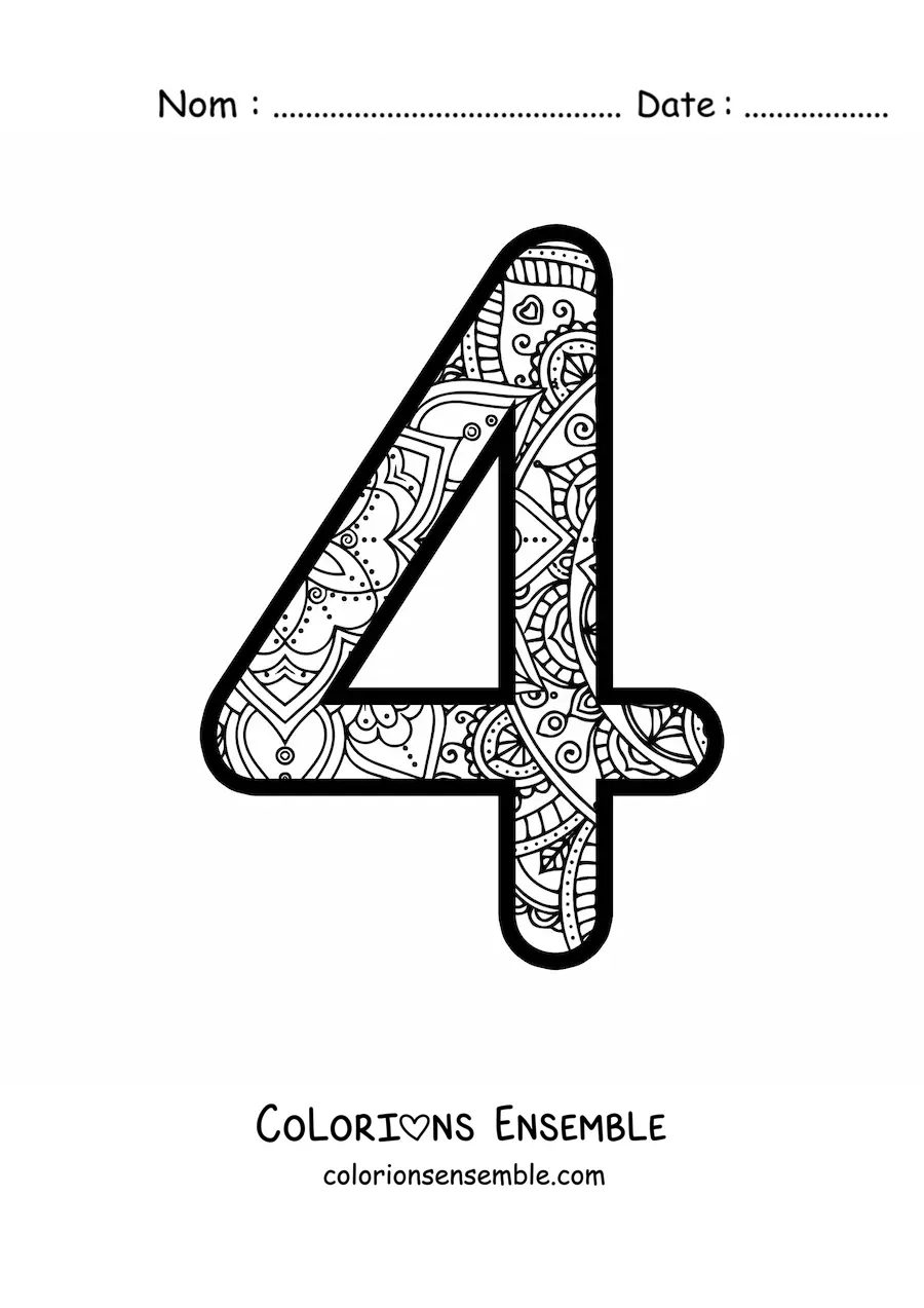 Image à colorier d'un mandala du chiffre 4