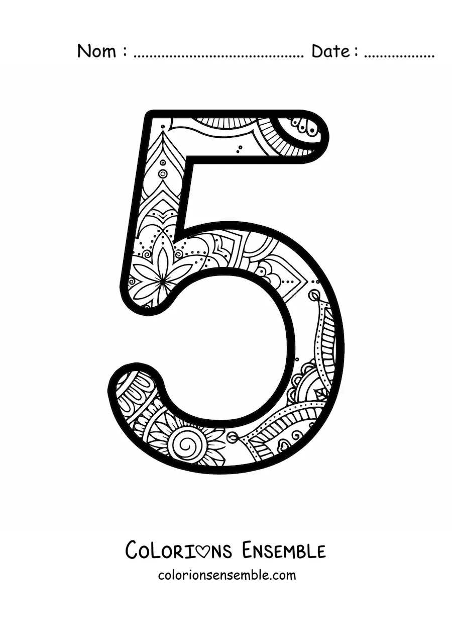 Image à colorier d'un mandala du chiffre 5