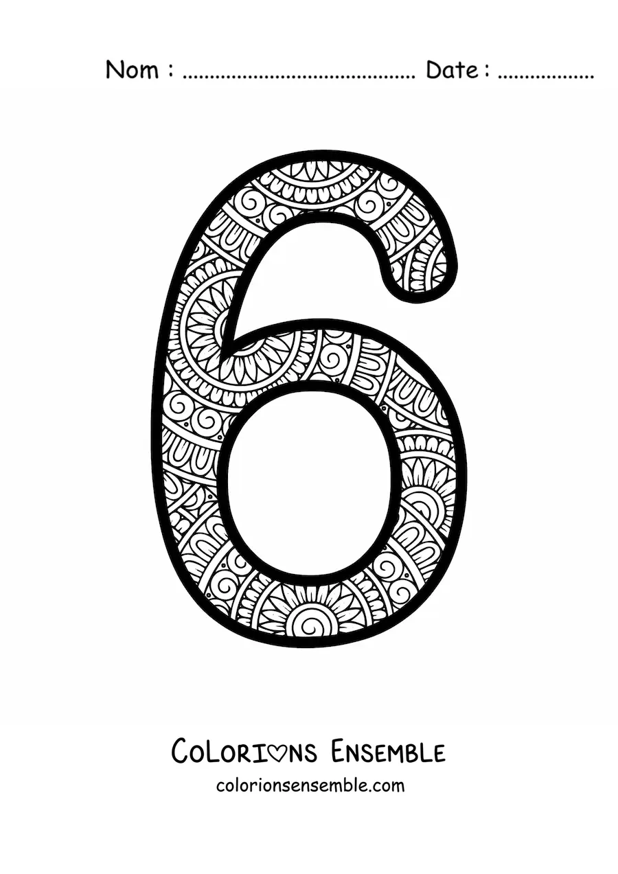 Image à colorier d'un mandala du chiffre 6
