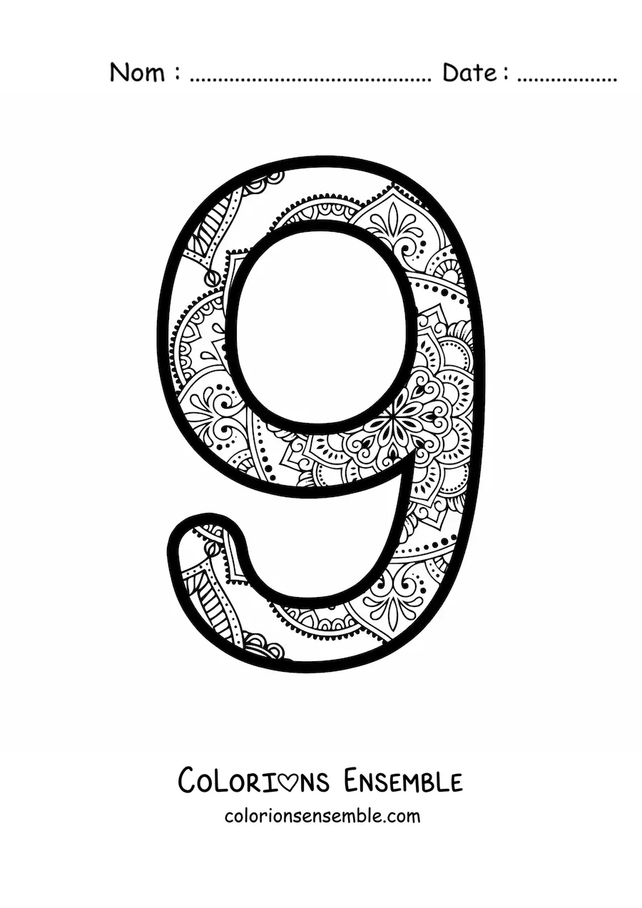 Image à colorier d'un mandala du chiffre 9