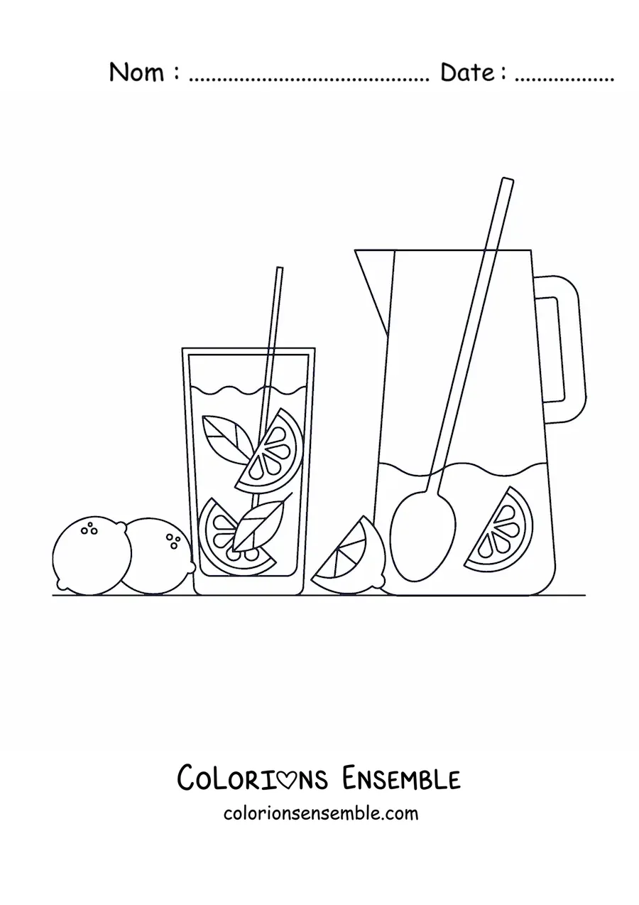 Image à colorier d’un pichet et d’un verre de limonade avec des citrons
