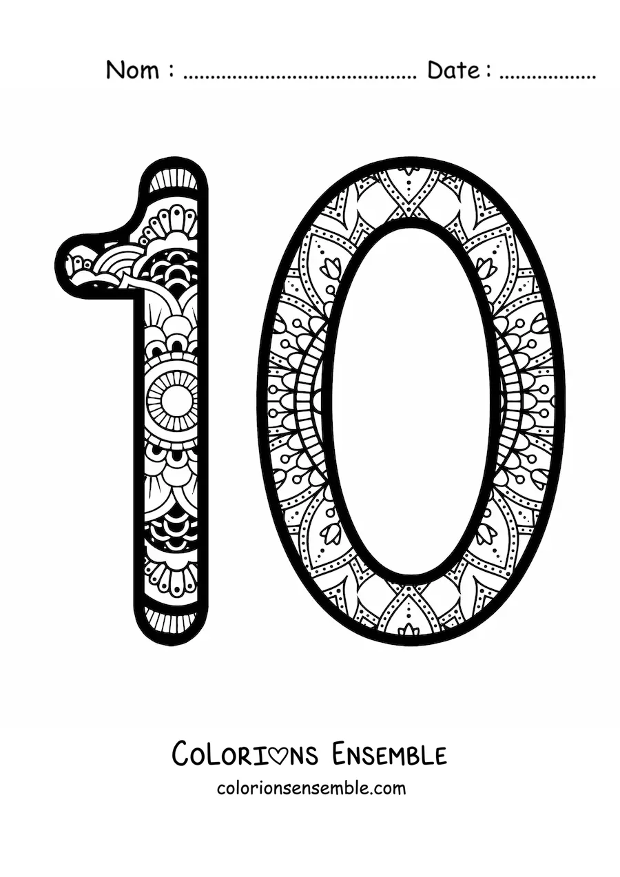 Image à colorier d'un mandala du nombre 10